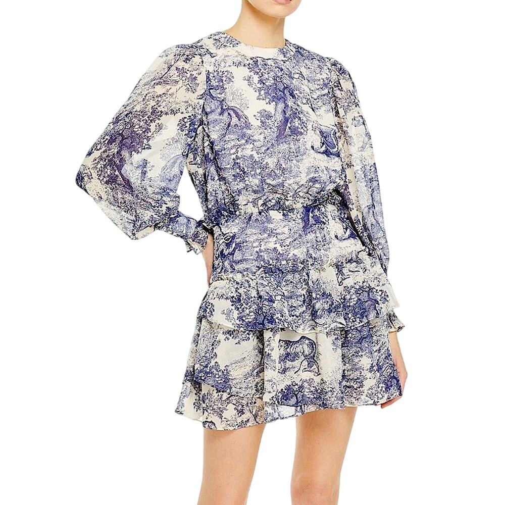 Aqua Toile Jungle Print Mini Dress Long Sleeves Ruffle White Navy Small New